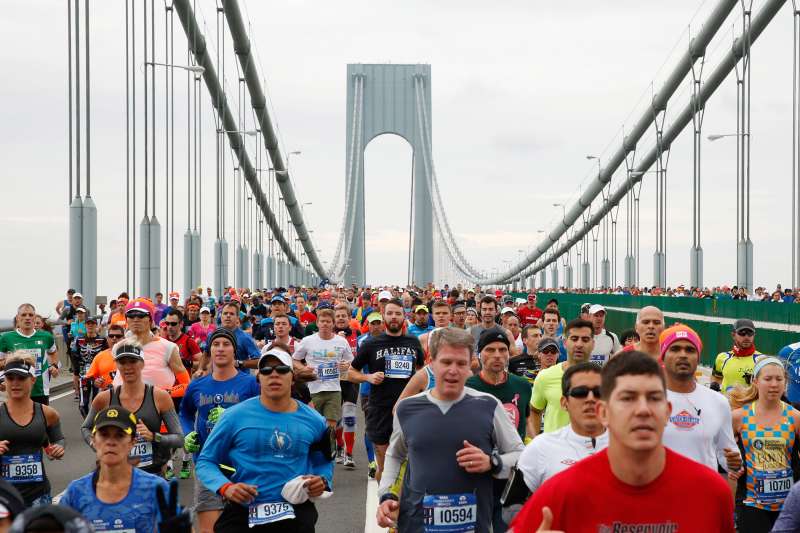 Runners cross the Verrazano-Narrows Bridge shortly after the start of the 2015 New York City Marathon.