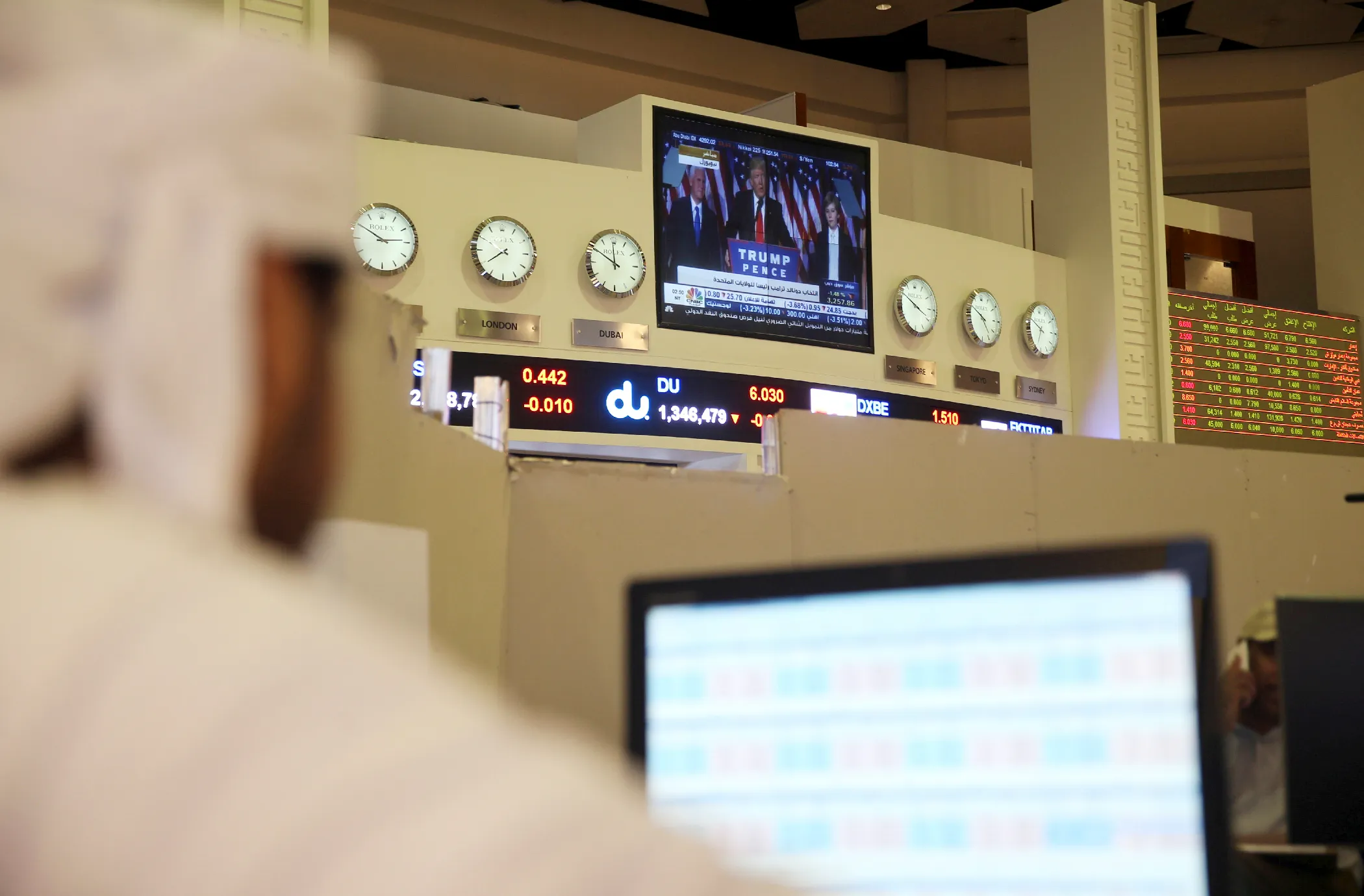 A trader watches Trump on  TV as Dubai’s stock market falls. The one upside for traders there? The U.S. <a href="http://www.reuters.com/article/mideast-stocks-idUSL8N1DA5IB" target="_blank">doesn't do much trade</a> with countries like Dubai, so Trump's protectionist trade policies may not impact them directly.