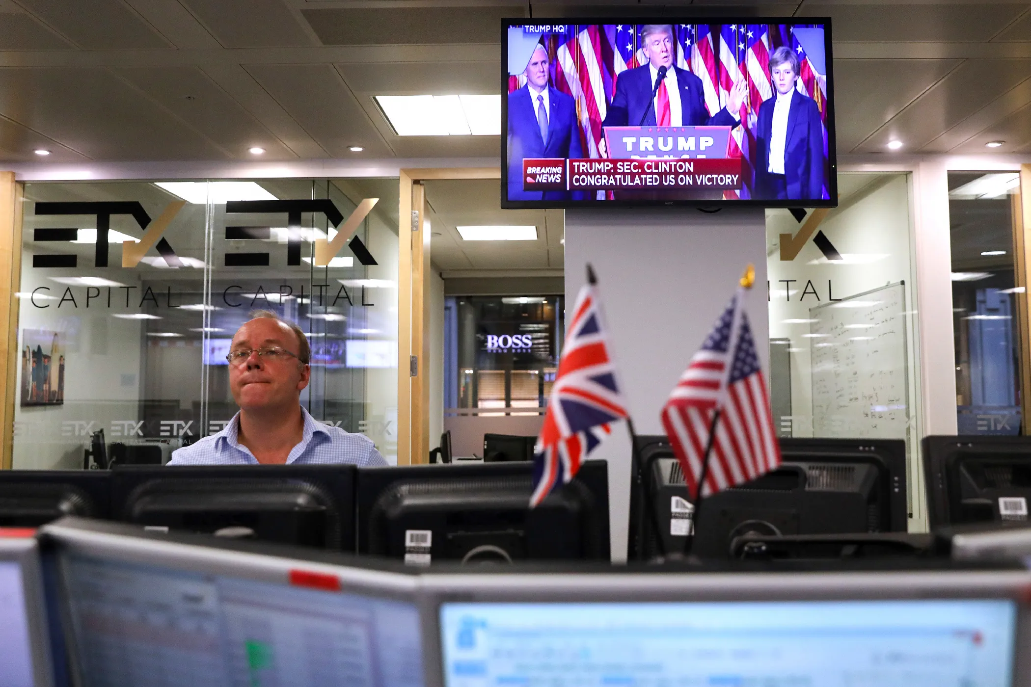 Traders on the floor at ETX Capital in London watched as Trump was elected. The UK markets suffered huge losses in June, after their own surprise Brexit referendum results sent stocks into a tailspin.