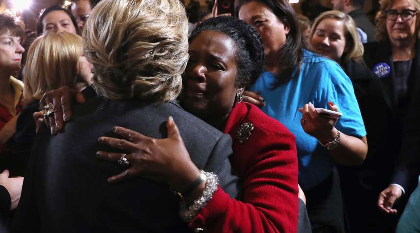 Former Secretary of State Hillary Clinton hugs supporters after conceding the presidential election at the New Yorker Hotel on November 9, 2016 in New York City. Republican candidate Donald Trump won the 2016 presidential election in the early hours of the morning in a widely unforeseen upset.
