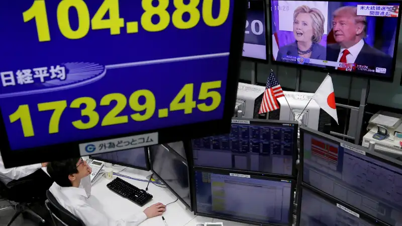 An employee of a foreign exchange trading company works near monitors displaying U.S. Democratic presidential nominee Hillary Clinton and U.S. Republican presidential nominee Donald Trump on TV news, the Japanese yen's exchange rate against the U.S. dollar (L top) and Japan's Nikkei average in Tokyo, Japan, November 9, 2016.