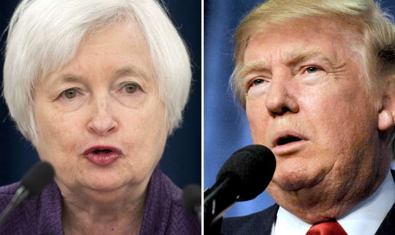 This combination of file photos shows Federal Reserve Board Chair Janet Yellen(L) and Republican presidential nominee Donald Trump.
