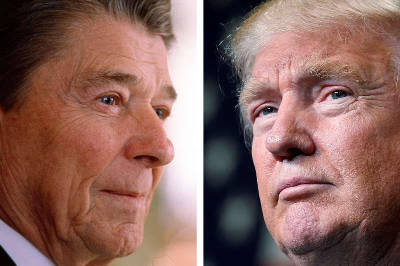 Former U.S. President Ronald Reagan does an inteview with Hugh Sidney of Time Magazine in 1989 in Los Angeles, CA; Republican presidential nominee Donald Trump holds a campaign event in Eau Claire, Wisconsin, November 1, 2016.