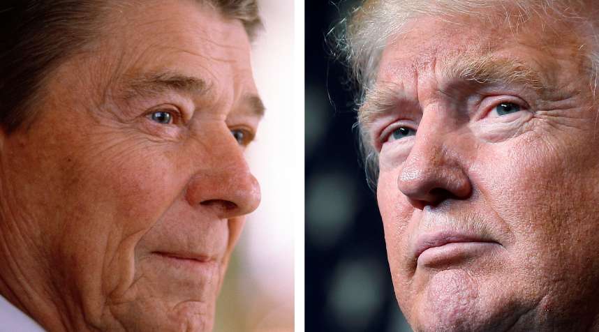 (left) Former U.S. President Ronald Reagan does an interview with Hugh Sidney of Time Magazine in 1989 in Los Angeles, CA; (right) Republican presidential nominee Donald Trump holds a campaign event in Eau Claire, Wisconsin, November 1,  2016.
