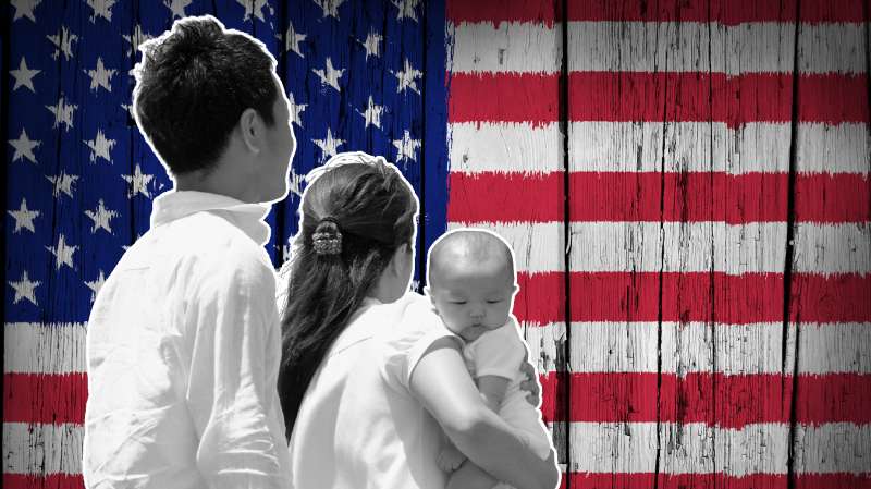 photo illustration of family in front of american flag