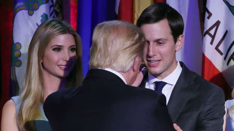 President-elect Donald Trump embraces son in law Jared Kushner (R), as his daughter Ivanka Trump, (L), stands nearby, after his acceptance speech at the New York Hilton Midtown in the early morning hours of November 9, 2016 in New York City. Donald Trump defeated Democratic presidential nominee Hillary Clinton to become the 45th president of the United States.