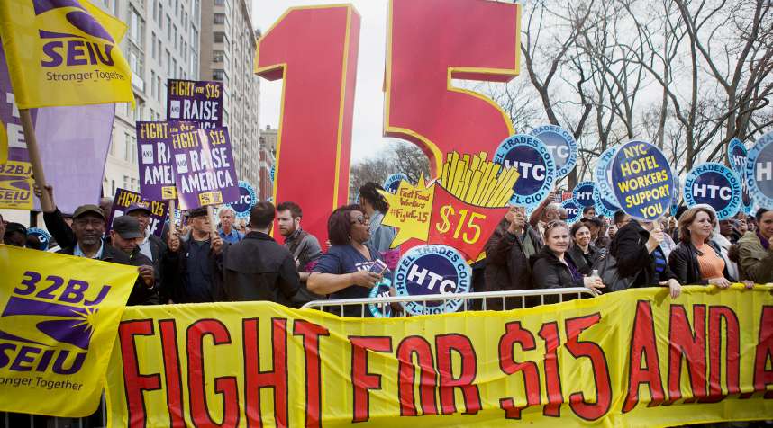 A previous  Fight for $15  rally in support of minimum wage increase was held in New York City on April 15, 2015.