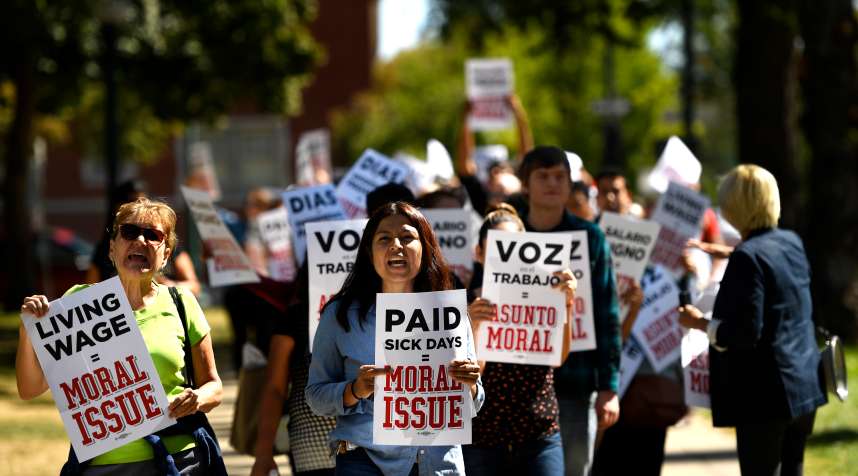 Workers protest in Denver, Colorado for a minimum wage hike.