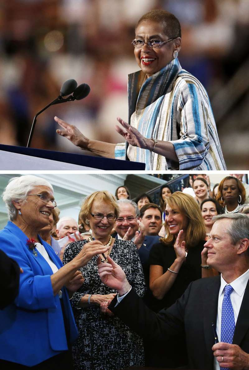 Eleanor Holmes Norton (top). Pat Jehlen (at bottom, at left in blue jacket) at the signing of the Massachusetts equal pay law.