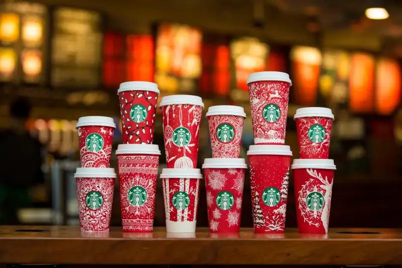 Starbucks red holiday cups photographed on November 9, 2016. (Joshua Trujillo, Starbucks)