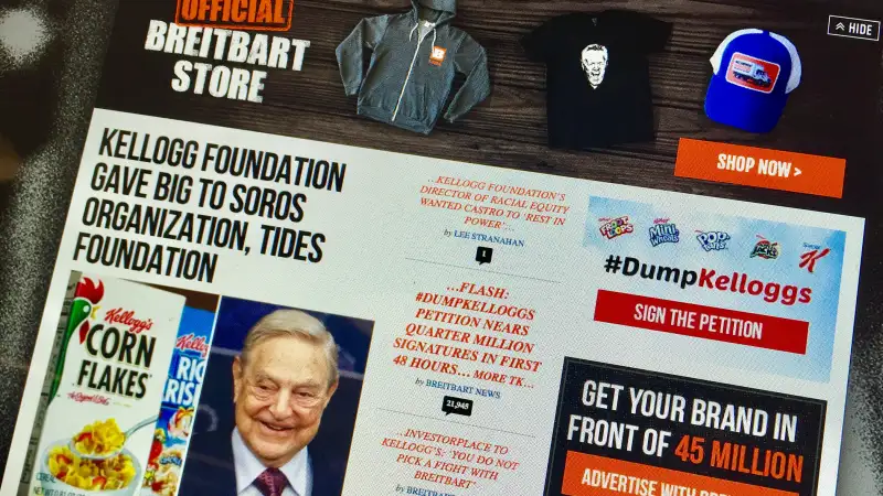 Breitbart site, #DumpKelloggs banner.