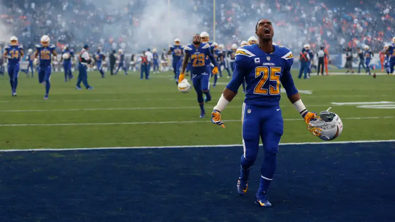 San Diego Chargers defensive back Darrell Stuckey (25) reacts before an NFL football game against the the Denver Broncos in San Diego. The election, the growing move away from cable and the increase of live streaming have all been given as reasons for a double-digit decline in NFL viewership through the first five weeks.