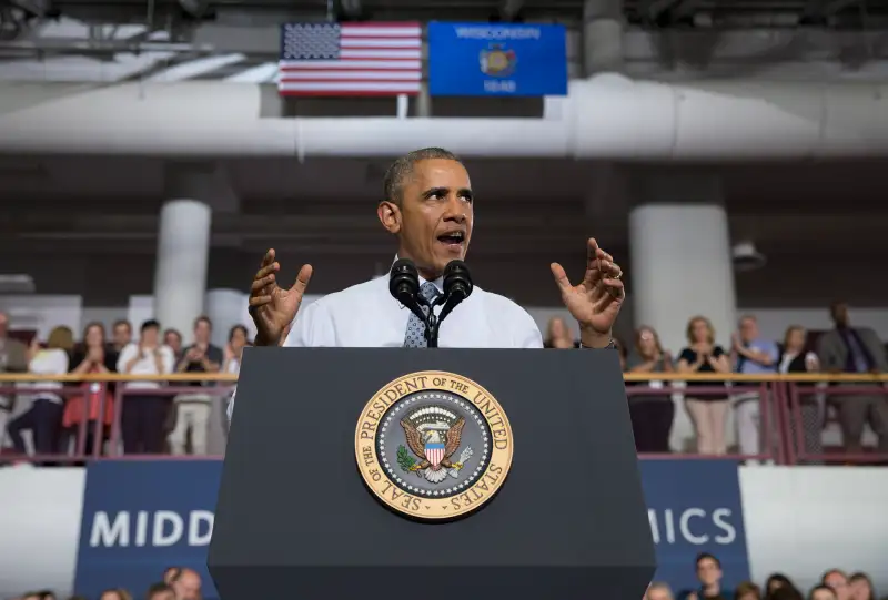 At a July speech at the University of Wisconsin at La Crosse, President Obama promotes a proposed Labor Department rule that would make more workers eligible for overtime.