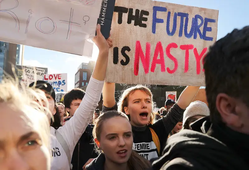 Hundreds of anti-Donald Trump protesters hold a demonstration in Washington Square Park as New Yorkers react to the election of Donald Trump as president of the United States on November 11, 2016 in New York City.