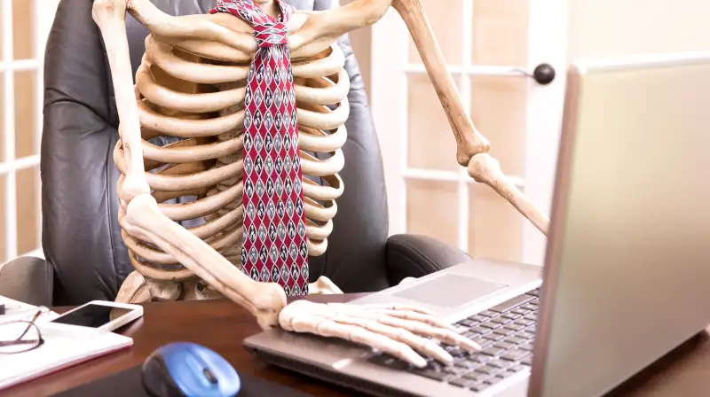 skeleton sits in front of laptop in office