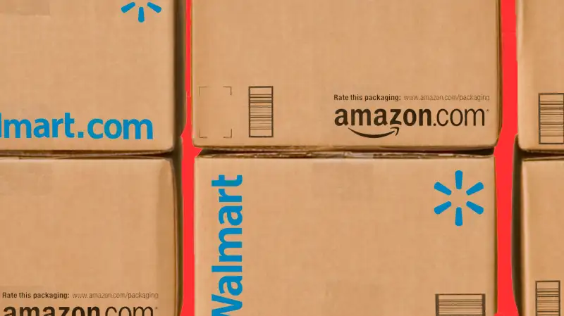 walmart and amazon boxes stacked