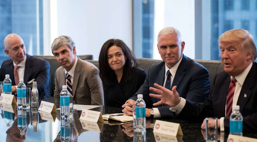 Less than a month after Donald Trump met with tech leaders such as Amazon's Jeff Bezos (far left), Amazon announced it would hire 100,000 new U.S. employees.