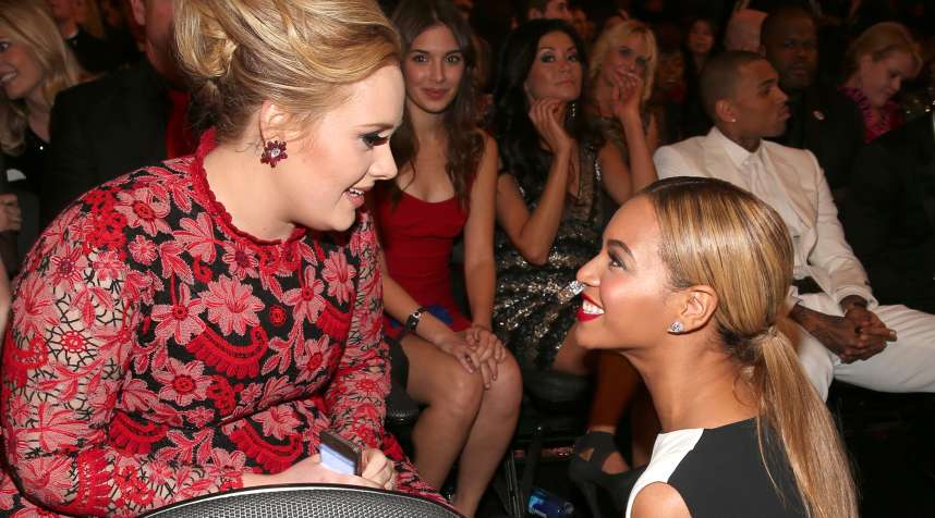 Singers Adele (L) and Beyonce attend the 55th Annual GRAMMY Awards at STAPLES Center on February 10, 2013 in Los Angeles, California.