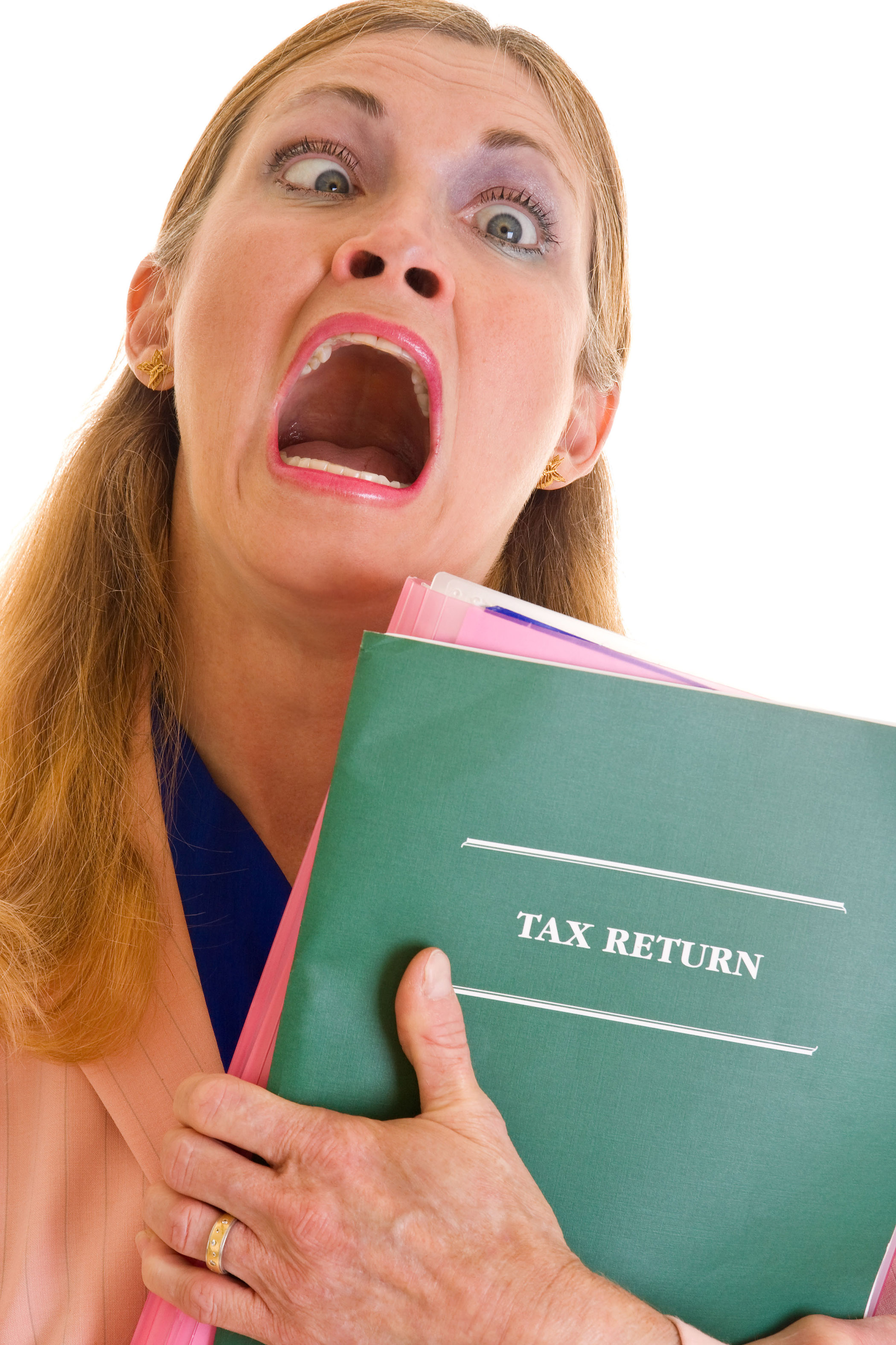 Frustrated, middle-aged executive business woman holding tax return which caused her eyes to cross.