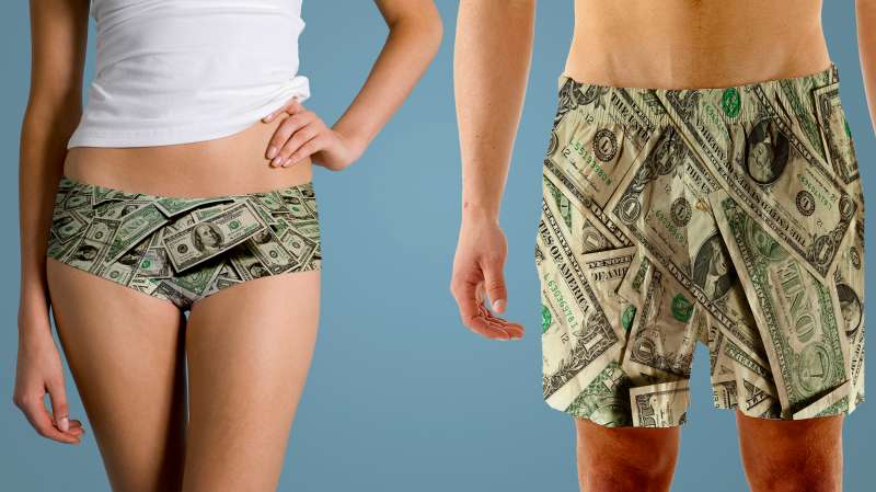 Man and Woman in dollar bill print underwear