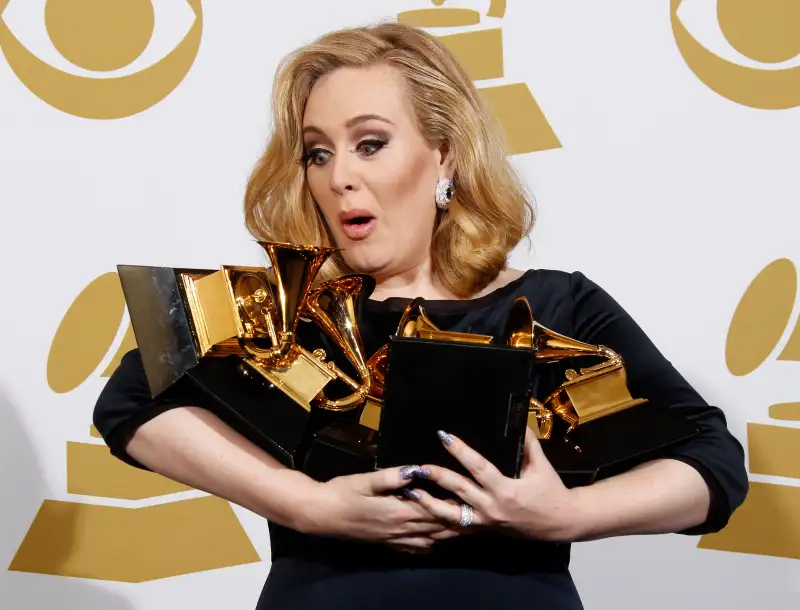 LOS ANGELES, CA - FEBRUARY 12: Singer Adele poses in the press room at the 54th Annual GRAMMY Awards held at the Staples Center on February 12, 2012 in Los Angeles, California. (Photo by Dan MacMedan/WireImage)