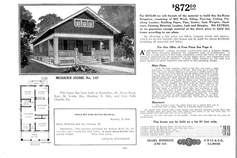 Sears sold a variety of plans and materials for houses, including Modern Home No.147, available for $872 in 1913.