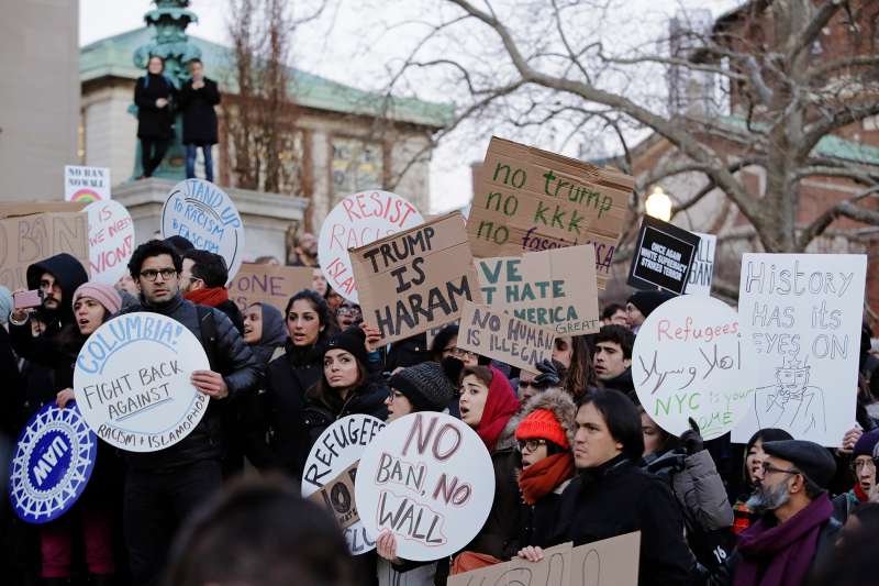 Columbia University students gather to protest President Donald Trump's immigration order Monday, Jan. 30, 2017, in New York. President Trump's executive order, signed on Friday, restricts travelers from seven predominantly Muslim countries.