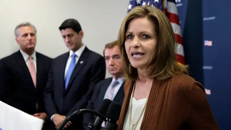 Rep. Lynn Jenkins, R-Kan., right, with House Majority Leader Kevin McCarthy of Calif., House Speaker Paul Ryan of Wis., and Rep. Ed Royce, R-Calif., speaks during a news conference on Capitol Hill in Washington, Wednesday, Sept. 21, 2016, following a House GOP caucus meeting.