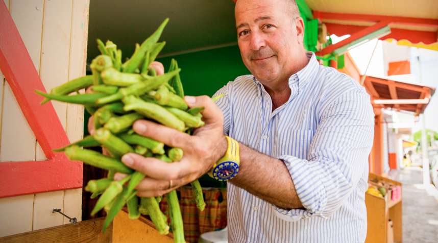 Host Andrew Zimmern tours a market in St. Francois, Guadaloupe.