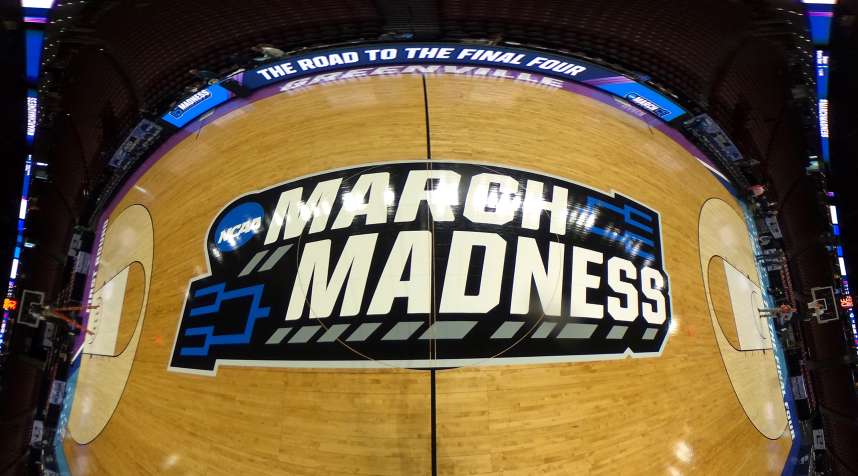 GREENVILLE, SC - MARCH 17: (EDITORS NOTE: Image is a digital panoramic composite.) A general view of the NCAA March Madness logo at center court during the first round of the 2017 NCAA Men's Basketball Tournament at Bon Secours Wellness Arena on March 17, 2017 in Greenville, South Carolina. (Photo by Lance King/Getty Images)