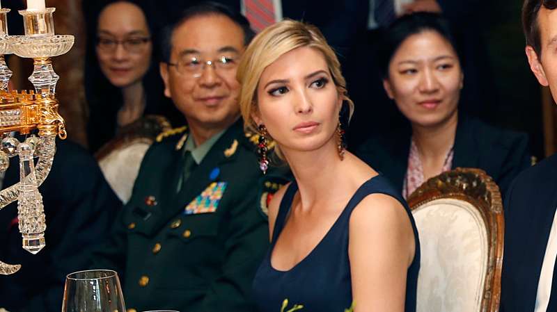 In this Thursday, April 6, 2017, file photo, Ivanka Trump, second from right, the daughter and assistant to President Donald Trump, is seated with her husband, White House senior adviser Jared Kushner, right, during a dinner with President Donald Trump and Chinese President Xi Jinping at Mar-a-Lago in Palm Beach, Fla. Earlier in the day, Ivanka Trump's company received provisional approval from the Chinese government for three new trademarks, winning monopoly rights to sell Ivanka brand jewelry, bags and spa services in the world's second-largest economy.