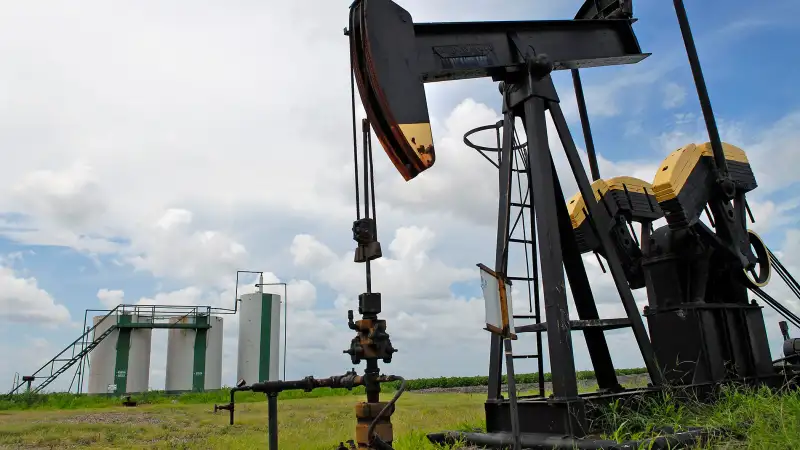 Oil pump jack pumps, front, and storage tanks, in the distance, are seen on a farm near Corpus Christi, Texas, July 14, 2006.