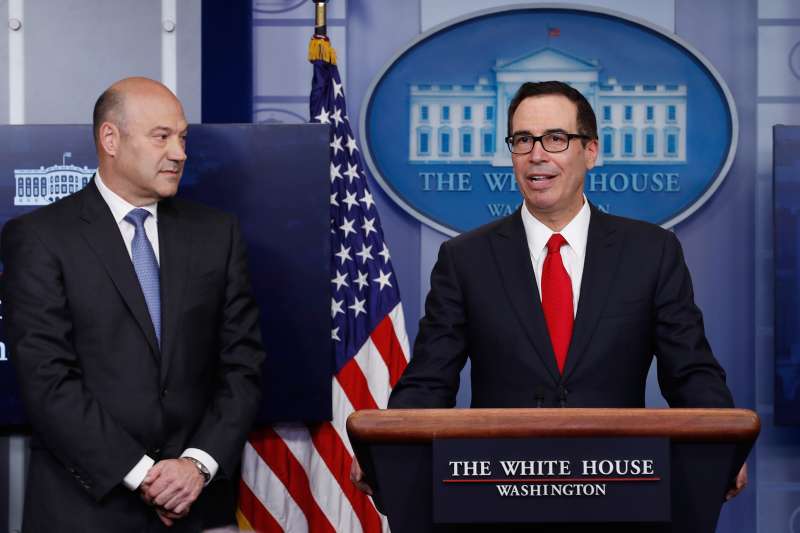 Treasury Secretary Steven Mnuchin, joined by National Economic Director Gary Cohn, speaks in the briefing room of the White House on April 26, 2017.