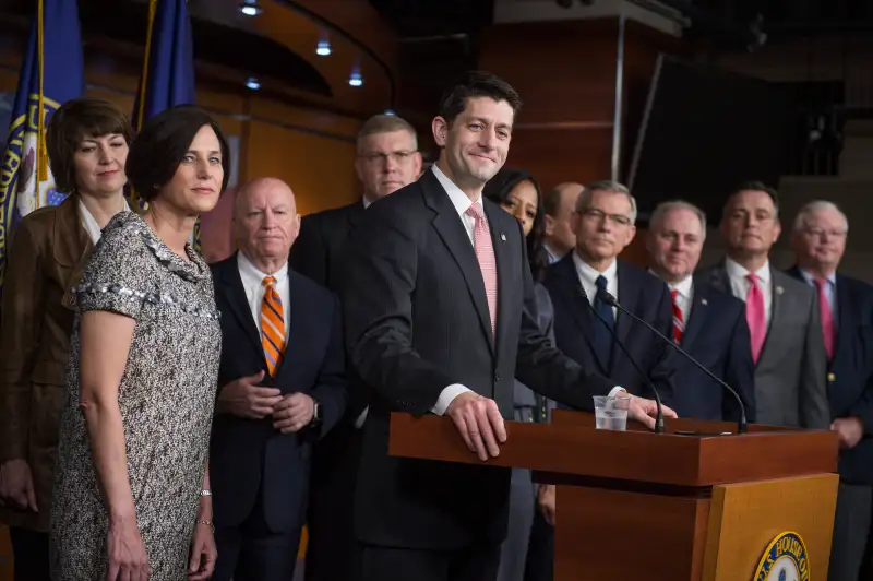 Speaker Paul Ryan conducts a news conference with members the GOP caucus in the Capitol Visitor Center to announce a new amendment to the health care bill to repeal and replace the ACA, April 6, 2017.