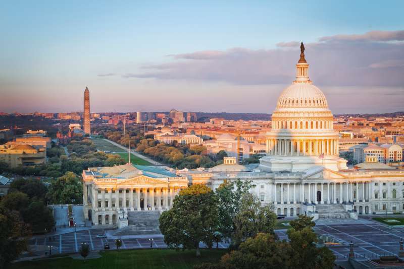 US Capitol Building, National Mall and Northwest Washington at sunrise from Library of Congress, Washington DC, USA