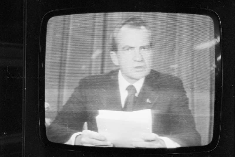 American president Richard Nixon (1913 - 1994) announces his resignation on national television, following the Watergate scandal, August 8, 1974.