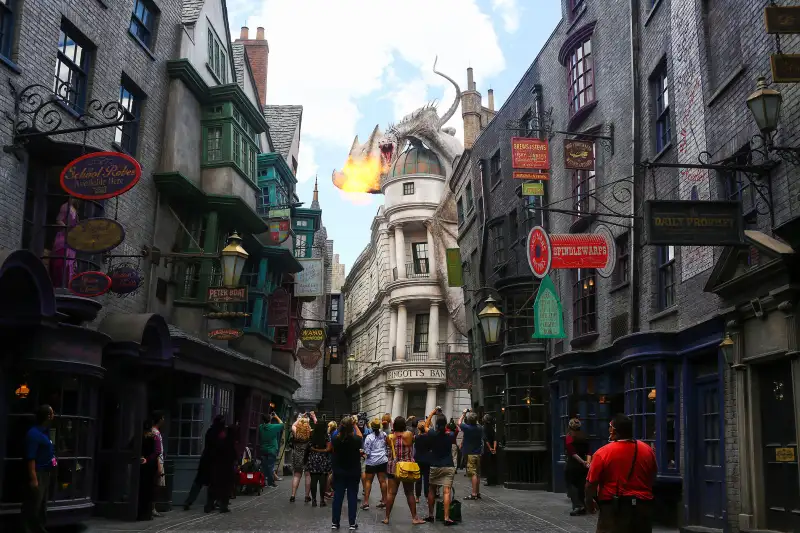 The Wizard Business District is the first thing the public will see after entering Diagon Alley, anchored by a fire breathing dragon on top of Gringotts Bank seen during the Wizarding World of Harry Potter Diagon Alley media preview event at Universal Orlando Resort on Thursday, June 19, 2014.