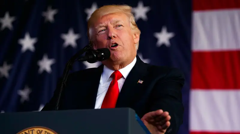 President Donald Trump speaks to U.S. military troops at Naval Air Station Sigonella, Saturday, May 27, 2017, in Sigonella, Italy.