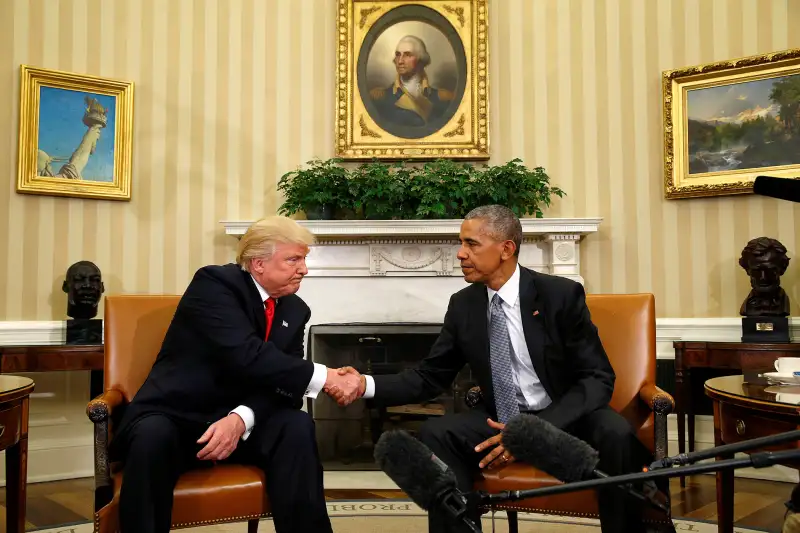 U.S. President Barack Obama meets with President-elect Donald Trump in the Oval Office of the White House in Washington November 10, 2016.