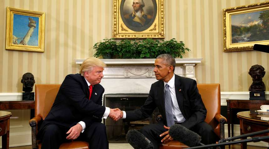 U.S. President Barack Obama meets with President-elect Donald Trump in the Oval Office of the White House in Washington November 10, 2016.