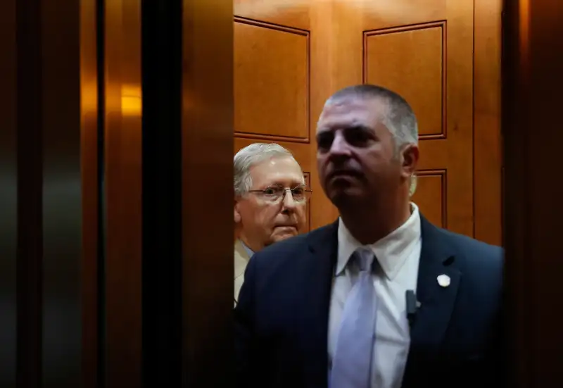 Senate Majority Leader Mitch McConnell of Ky., looks out after boarding an elevator Capitol Hill in Washington, Monday, June 26, 2017.