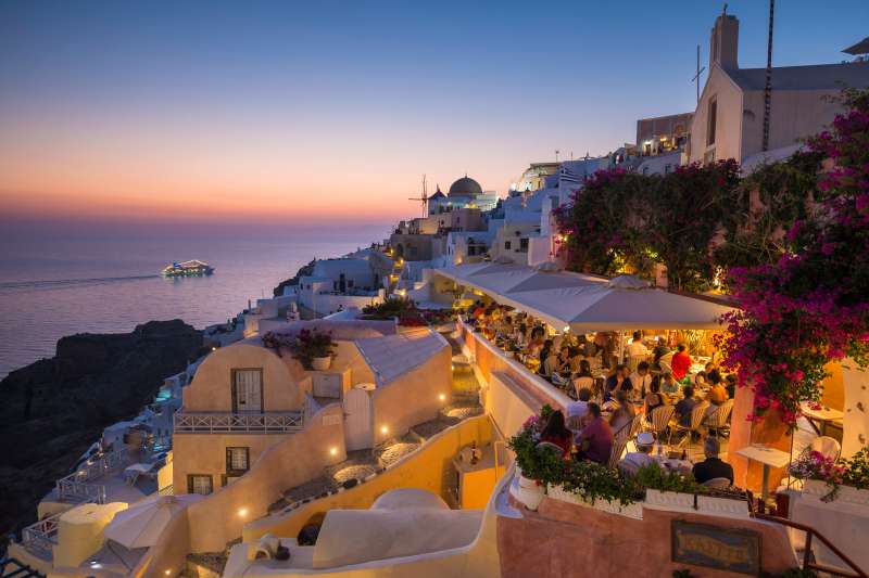 Restaurant overlooking the water in Santorini, Greece.