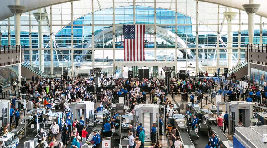 TSA security lines in the main terminal, on April 12, 2017 in Denver, Colo.