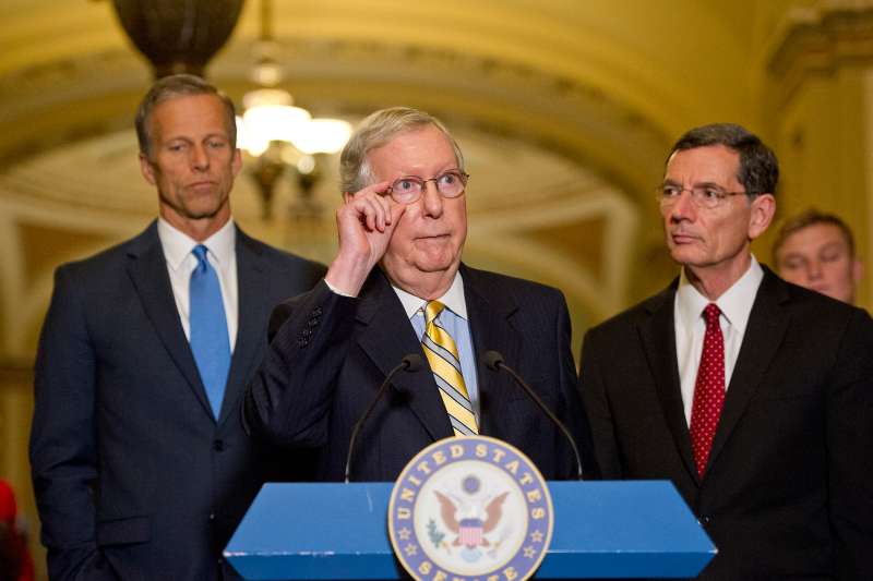 U.S. Senate Majority Leader Mitch McConnell (Republican of Kentucky) speaks to reporters in the United States Capitol in Washington, D.C. in June.