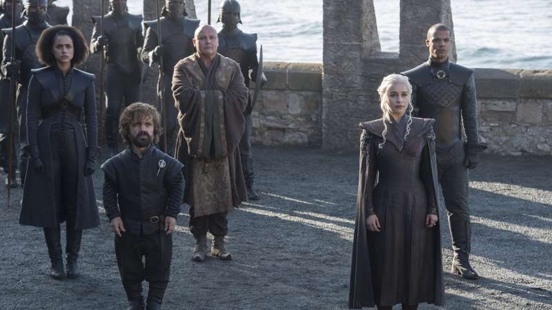 Nathalie Emmanuel, Peter Dinklage, Conleth Hill, Emilia Clarke, Jacob Anderson in HBO's  Game of Thrones  Season 7 (2017).