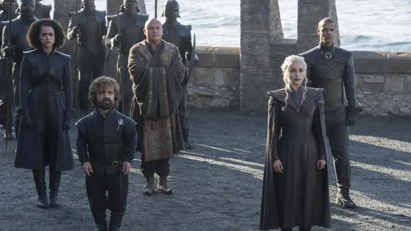 Nathalie Emmanuel, Peter Dinklage, Conleth Hill, Emilia Clarke, Jacob Anderson in HBO's Game of Thrones Season 7 (2017).