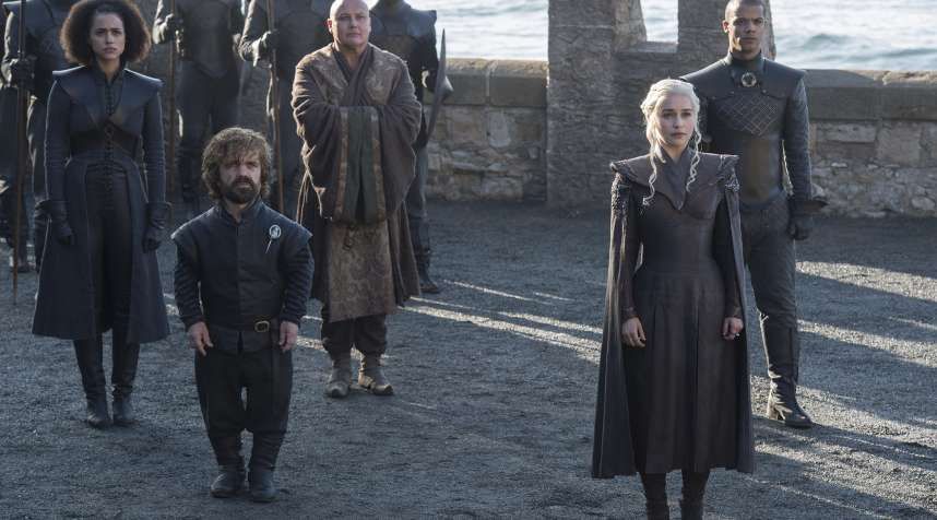 Nathalie Emmanuel, Peter Dinklage, Conleth Hill, Emilia Clarke, Jacob Anderson in HBO's  Game of Thrones  Season 7 (2017).