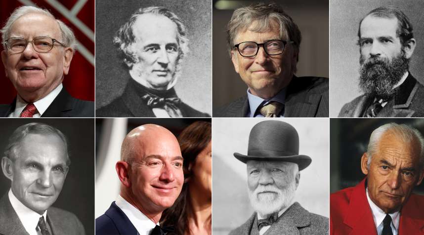 (top, left to right) Warren Buffett, Cornelius Vanderbilt, Bill Gates, Jay Gould; (bottom, left to right) Henry Ford, Jeff Bezos, Andrew Carnegie, Sam Walton.