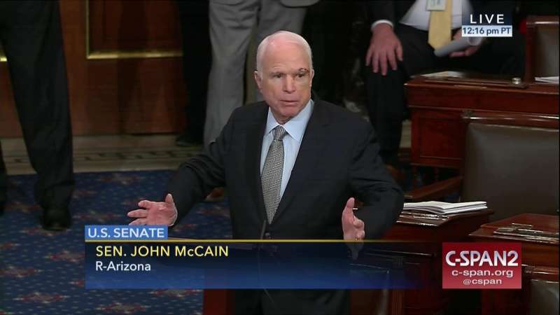 In this image from video provided by C-SPAN2, Sen. John McCain, R-Ariz. speaks the floor of the Senate on Capitol Hill in Washington, Tuesday, July 25, 2017. McCain returned to Congress for the first time since being diagnosed with brain cancer.