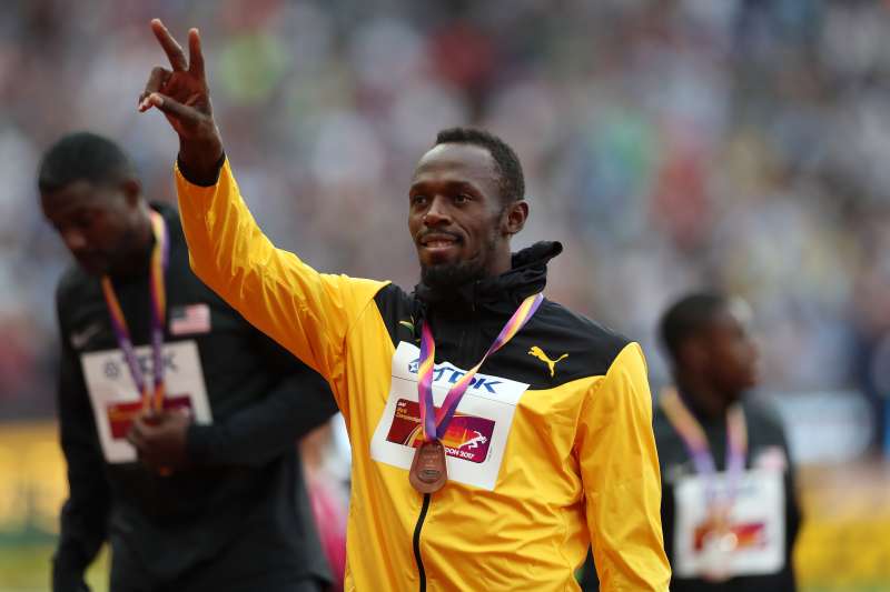 Usain Bolt, during the medal ceremony from the men's 100m final, at the world championships in London, on August 6, 2017.